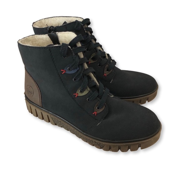 Rieker Y3401 14 Navy Brown Lace Up Shearling Boots Size 38 - Picture 1 of 12
